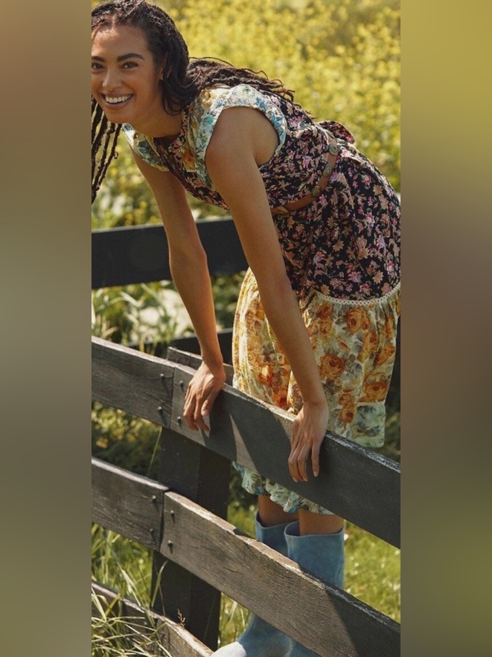 Anthropologie Floral Tiered Maxi Dress in Black and Mustard crochet trim - Picture 2 of 4